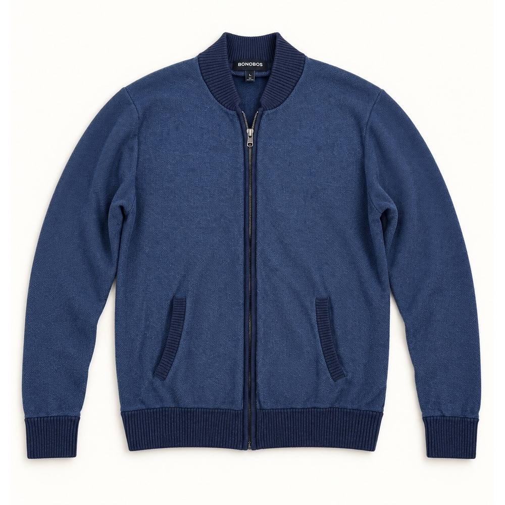Bonobos Men Blue Cotton Cashmere Textured Full Zip Bomber Sweater Slim Fit L